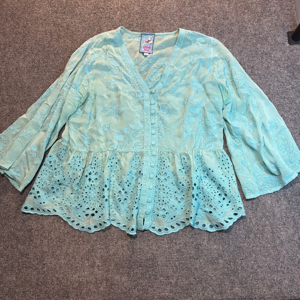 Johnny Was Embroidered Eyelet Peasant Blouse Mint Green Top Medium Bohemian Boho